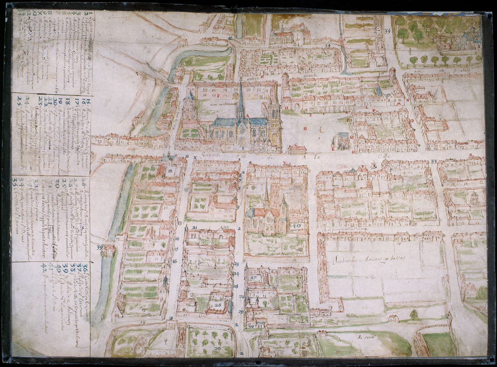 Plan cavalier du quartier de la cathédrale à Troyes, 1660 [Ms 2982]